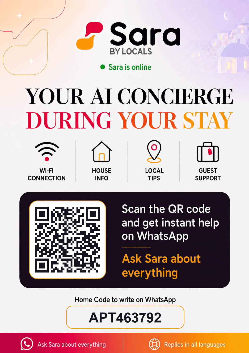 Printable Sara welcome sheet for a home: QR code, house-info icons and a home code to write on WhatsApp